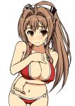  1girl amagi_brilliant_park antenna_hair bare_shoulders bikini blush breast_hold breasts brown_eyes brown_hair collarbone cowboy_shot hand_on_own_chest kasanui long_hair looking_at_viewer ponytail red_bikini sento_isuzu sketch solo sweatdrop swimsuit white_background 