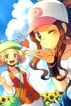  2girls :d bag baseball_cap bel_(pokemon) beret blonde_hair blue_eyes blush brown_hair denim denim_shorts field flower flower_field green_eyes handbag hat heart high_ponytail multiple_girls open_mouth pokemon pokemon_(game) pokemon_bw sekka_koyori short_hair shorts skirt smile sunflower touko_(pokemon) vest white_skirt wink wristband 