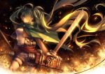  1girl cape fire green_eyes green_hair hair_over_one_eye hatsune_miku holster leg_belt long_hair long_sleeves looking_at_viewer open_clothes open_vest pants parody shingeki_no_kyojin shirt solo sword thigh_holster three-dimensional_maneuver_gear tidsean twintails very_long_hair vest vocaloid weapon 