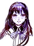  1girl akemi_homura crying crying_with_eyes_open hairband long_hair looking_at_viewer magical_girl mahou_shoujo_madoka_magica monochrome portrait simple_background solo tears violet_eyes white_background 