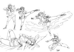  1girl alternate_costume alternate_hairstyle breasts cleavage collage contrapposto diepod glowing glowing_eye grin han_juri kicking low_twintails midriff monochrome motion_blur navel school_uniform serafuku shorts sketch smile solo street_fighter street_fighter_iv super_street_fighter_iv twintails 