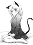  1girl animal_ears blush cat_ears cat_tail looking_at_viewer monochrome nightgown sandwich_(artist) sanya_v_litvyak solo stipple_coloring strike_witches tail 
