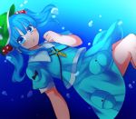 1girl blue_eyes blue_hair hat kawashiro_nitori key shirt short_sleeves skirt sui_(kuromame_mittsu) touhou twintails underwater wing_collar 