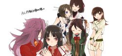  6+girls :o ^_^ arm_around_neck bangs black_hair blue_eyes blunt_bangs bowtie brown_eyes brown_hair closed_eyes flipped_hair hair_ornament hair_ribbon hairclip hand_on_shoulder headgear hita_(hitapita) hiyou_(kantai_collection) ise_(kantai_collection) jacket japanese_clothes jun&#039;you_(kantai_collection) kantai_collection long_hair long_sleeves magatama maya_(kantai_collection) miniskirt multiple_girls neckerchief ooi_(kantai_collection) open_mouth ponytail purple_hair red_eyes ribbon school_uniform serafuku short_hair short_sleeves skirt sleeveless smile spiky_hair tone_(kantai_collection) torn_clothes translation_request twintails untied yawning 