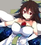  1girl adapted_costume bare_shoulders beni_shake bird_wings black_wings bow breasts brown_hair cape choker cleavage dress elbow_gloves gloves hair_bow large_breasts long_hair looking_at_viewer red_eyes reiuji_utsuho solo space strapless_dress third_eye touhou white_dress white_gloves wings 