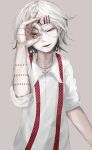  1boy absurdres androgynous hair_ornament hairclip highres necktie peeking red_eyes smile suzuya_juzo tokyo_ghoul white_hair 