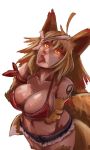  1girl :p animal_ears armband blonde_hair breast_hold breasts cleavage collarbone crossed_arms cutoffs fox_ears fox_tail fur glowing glowing_eyes kaede_(whistle_frog) kitsune large_breasts looking_up multiple_tails original short_hair short_shorts shorts slit_pupils solo strap_gap tail tattoo tongue tongue_out whistle_frog yellow_eyes 