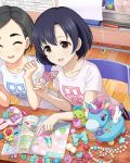  2girls :d black_hair blush brown_eyes closed_eyes collarbone eyebrows holding idolmaster idolmaster_cinderella_girls magazine marker multiple_girls open_mouth pointing shiragiku_hotaru short_hair smile stuffed_toy 