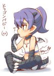  1girl bangs blush butterfly_sitting child diabolism66 dragon_girl dragon_pup finger_in_mouth licking midriff mon-musu_quest! monster_girl navel payot purple_hair scales short_ponytail sitting solo source_request tail translated wings yellow_eyes 