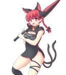  1girl alternate_costume animal_ears bell black_legwear blush bow braid breasts cat_ears cat_tail cleavage extra_ears fang gomi_(gomitin) hair_bow jingle_bell kaenbyou_rin long_hair looking_at_viewer multiple_tails open_mouth pointy_ears racequeen red_eyes redhead ribbon simple_background smile solo tail thigh-highs thigh_ribbon touhou twin_braids umbrella white_background 