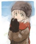  breath fur_hat green_eyes hat looking_at_viewer sandwich_(artist) sanya_v_litvyak scarf sketch strike_witches ushanka warming_hands white_hair 