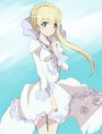  1girl aldnoah.zero asseylum_vers_allusia blonde_hair blush braid dress eyelashes green_eyes hair_up happy highres jewelry long_hair looking_at_viewer sketch smile solo sora_shido standing white_dress 