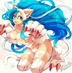 1girl :3 animal_ears big_hair blue_eyes blue_hair breasts cat_ears cat_tail character_name claws fang felicia fur iroyopon long_hair open_mouth paw_pose paws smile solo tail vampire_(game) 