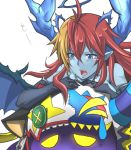  1girl ahoge bare_shoulders black_gloves blue_eyes blue_skin blush_stickers buttons collarbone demon_girl demon_horns demon_wings drawn_joker_(p&amp;d) elbow_gloves fang fangs gloves halo hera-is_(p&amp;d) hera_(p&amp;d) horns jewelry leaning leaning_forward long_hair multicolored_hair necklace open_mouth orange_hair pointy_ears puzzle_&amp;_dragons redhead simple_background solo sweatdrop two-tone_hair white_background wings yukiji_(mogari) 