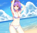  1girl absurdres arms_up beach bikini blush breasts cleavage hair_ornament highres large_breasts leaf looking_at_viewer ocean open_mouth purple_hair red_eyes short_hair side-tie_bikini solo swimsuit touhou wendell yasaka_kanako 