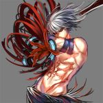  1boy albino armband berserker_(dungeon_and_fighter) dungeon_and_fighter grey_background grey_hair inanna123 male pants red_eyes shirtless solo sword tattoo weapon 