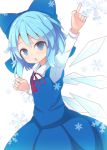  1girl beni_shake blue_dress blue_eyes blue_hair bow cirno dress hair_bow ice ice_wings long_sleeves looking_at_viewer open_mouth shirt solo touhou wings 