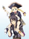  1girl bad_id blonde_hair boots braid carrying child green_eyes hands hat legs mattaku_mosuke open_mouth patty_fleur pirate_hat shoulder_carry tales_of_(series) tales_of_vesperia twin_braids yuri_lowell 