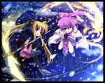  bardiche battle blonde_hair blue_eyes fate_testarossa fire kome_(le7) levantine mahou_shoujo_lyrical_nanoha mahou_shoujo_lyrical_nanoha_a&#039;s mahou_shoujo_lyrical_nanoha_a's pink_hair ponytail red_eyes sheath signum sword thigh-highs thighhighs twintails weapon whip whip_sword yone 