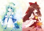  bow brown_hair detached_sleeves frog green_eyes green_hair hair_ornament hakurei_reimu kochiya_sanae long_hair multiple_girls red_eyes snake touhou yukitarou_(awamori) 