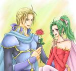  1girl blue_eyes blush cape earrings edgar_roni_figaro elbow_gloves final_fantasy final_fantasy_vi flower gloves green_hair hands_together happy jewelry long_hair pantyhose ponytail red_rose rose smile tina_branford 