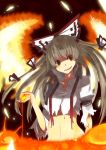  bad_id bow crazy crazy_eyes fiery_wings fire fujiwara_no_mokou fuurin_(omaemona) hair_bow hair_ribbon long_hair magma molten_rock red_eyes ribbon silver_hair smile solo suspenders torn_clothes touhou wings 