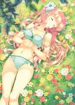  bra closed_eyes field flower frills hair_ornament hands_clasped lingerie long_hair lying on_back original panties pink_hair side-tie_panties sleeping solo striped striped_bra striped_panties takeda_mika thighs twintails underwear very_long_hair 