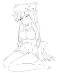  barefoot hat highres lineart long_hair monochrome patchouli_knowledge sitting solo tdk touhou wariza 
