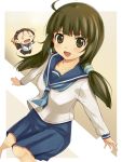  brown_hair chibi green_eyes green_hair kikusaka_kochou kisugi_akira o_o sakurami_kyouko school_uniform serafuku skirt taishou_yakyuu_musume twintails 