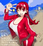 beach breasts cleavage huge_breasts long_hair red_eyes red_hair redhead smile teriyaki track_suit wink 