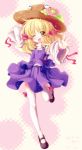  2009 abyss_of_parliament blonde_hair closed_eyes dress flower foreshortening hand_on_hat hat highres mary_janes moriya_suwako north_abyssor outstretched_arm outstretched_hand shoes solo thigh-highs thighhighs touhou white_legwear wink 