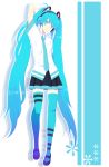  ahoge alternate_costume aqua_eyes aqua_hair bad_id harano hatsune_miku headphones highres legs long_hair necktie skirt solo thigh-highs thighhighs twintails very_long_hair vocaloid zettai_ryouiki 