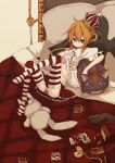  alice_in_wonderland bad_id bed blonde_hair blue_eyes cheshire_cat feet fuurin_(omaemona) gun legs long_hair lying panties solo striped striped_legwear striped_panties striped_thighhighs thigh-highs thighhighs underwear watch weapon wristwatch 