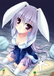  bed breasts bunny bunny_ears carrot cleavage kirihara_natsuki long_hair open_clothes open_shirt pillow purple_hair rabbit rabbit_ears red_eyes reisen_udongein_inaba shirt skirt thigh-highs thighhighs touhou 