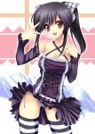  1girl bare_shoulders black_hair bow breasts cleavage corset detached_sleeves love_plus mitsurugi_aoi panties ponytail solo striped striped_legwear striped_panties striped_thighhighs takane_manaka thighhighs underwear v 