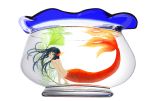  black_hair buffy ears fish_bowl fish_tank fishbowl fishtank green_eyes head_fins highres long_hair mermaid minigirl monster_girl plant underwater water 