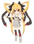  blonde_hair boots bow costume flat_chest giratina hair_bow long_hair nintendo personification pokemon pokemon_(game) pokemon_dppt red_eyes simple_background smile solo thigh-highs thighhighs tr very_long_hair white_background wings 