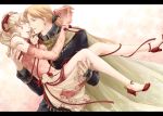  1girl blonde_hair bow carrying closed_eyes couple daytime edgar_roni_figaro elbow_gloves final_fantasy final_fantasy_vi flower gloves legs long_hair no_legwear ponytail princess_carry skirt smile tina_branford 