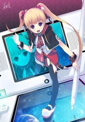  dice earth garter_belt highres kendo_(artist) minigirl nintendo_ds nintendo_dsi original oversized_object red_eyes solo space stylus thigh-highs thighhighs through_screen twintails 