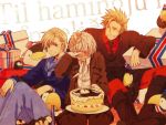  3boys axis_powers_hetalia birthday blonde_hair blue_eyes blush cake denmark_(hetalia) food gift grin happy_birthday iceland_(hetalia) lowres male norway_(hetalia) short_hair silver_hair smile tears 