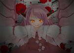  blood blood_stain darkness earrings glowing glowing_eyes highres jewelry musical_note mystia_lorelei outstretched_arms pink_hair short_hair slit_pupils smile solo spread_arms sutoreruka touhou wings 