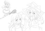  balancing bat_wings braid broken_thumbnail broom fang flandre_scarlet hat headwear_switch highres kirisame_marisa long_hair monochrome ponytail remilia_scarlet short_hair side_ponytail touhou transparent_background vampire wings witch_hat 