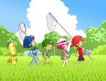  beetle bi-nyo blue_hair bug_hunting butterfly_net cape cloud clouds field green_hair hand_net hiking net original pink_hair red_hair redhead rural sky summer thermos tree 