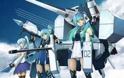  aqua_eyes aqua_hair detached_sleeves garter_belt garters kurojishi mecha_musume multiple_girls panties pixiv pixiv-tan ponytail skirt thigh-highs thighhighs underwear 