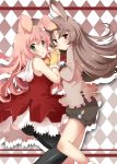  animal_ears argyle argyle_background ass blush brown_hair bunny_ears gloves hand_holding holding_hands long_hair looking_back multiple_girls pan_(mimi) pantyhose pink_hair 