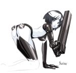  android arm_support ass bent_over black_hair blame! blush cyborg female gun kneeling looking_back over_shoulder pale_skin sanakan short_hair silver_eyes solo weapon 