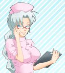  bespectacled blue_eyes braid clipboard glasses hat long_hair nurse silver_hair smile touhou yagokoro_eirin 