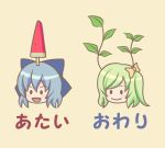  atai azuma_takeshi blue_hair bow cirno daiyousei fang green_hair hair_bow multiple_girls object_on_head ponytail popsicle short_hair side_ponytail suika_bar touhou translated translation_request 