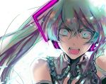  angry aqua_eyes aqua_hair bare_shoulders hatsune_miku nerd nod open_mouth solo vocaloid 