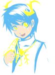  .hack//g.u. 1boy banana blue_hair eating face flat_color food fruit gold_eyes holding holding_fruit horns jewelry la-blanc male necklace silver_hair sketch smile solo turtleneck yellow_eyes zelkova 